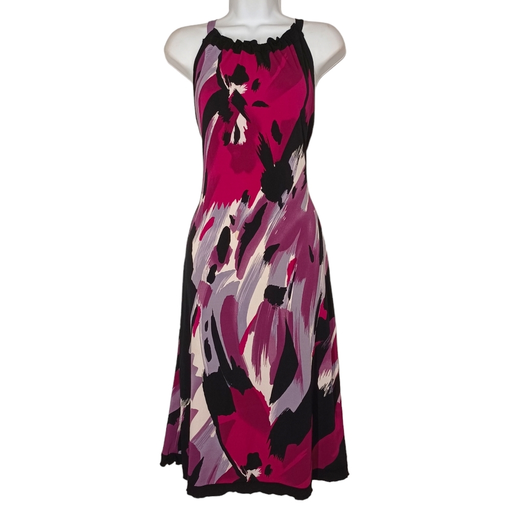 THINGS CONTEMPO Pink Purple Black Brushstroke Print Sleeveless A-Line Dress S